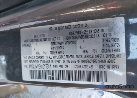 2021 Mazda Mazda6 Grand Touring Reserve z USA, uszkodzony, nr VIN JM1GL1WY9M1617311